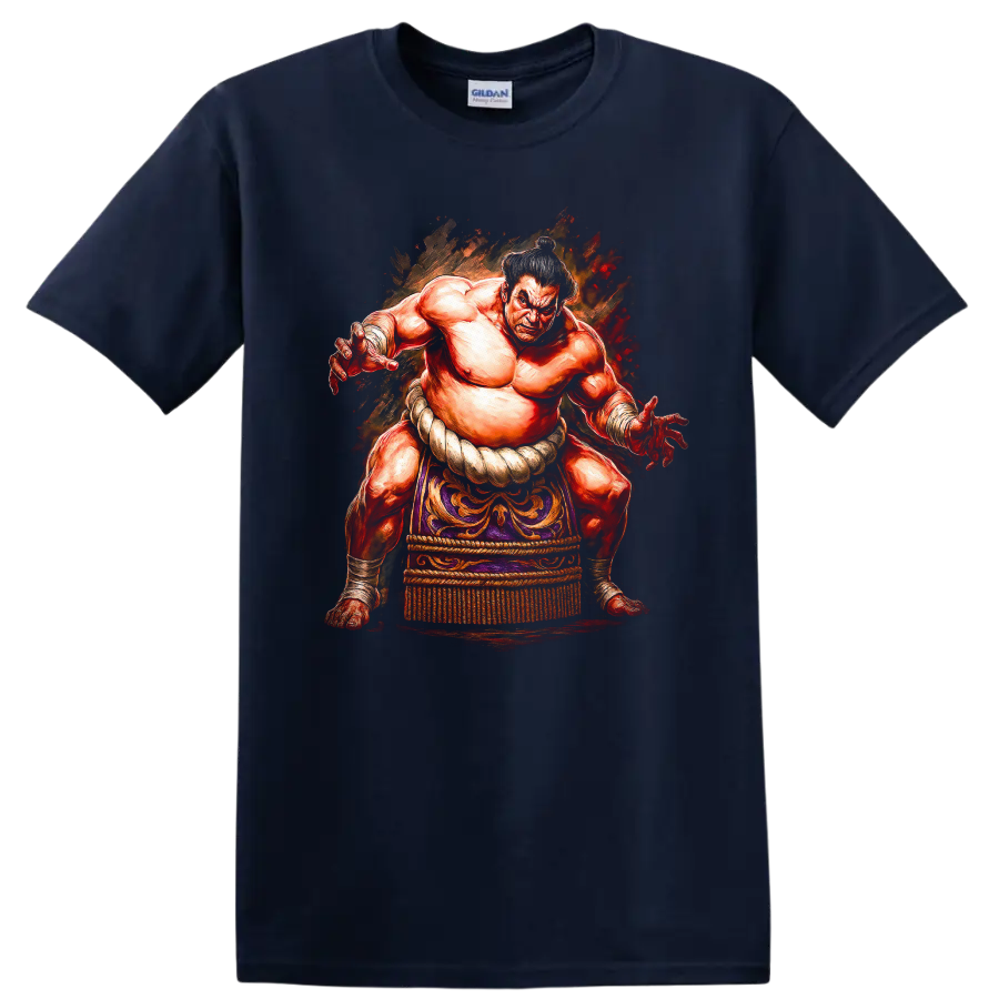 Japanese Sumo Wrestler Watercolor T Shirt Bold Traditional Style - Navy (Blue)