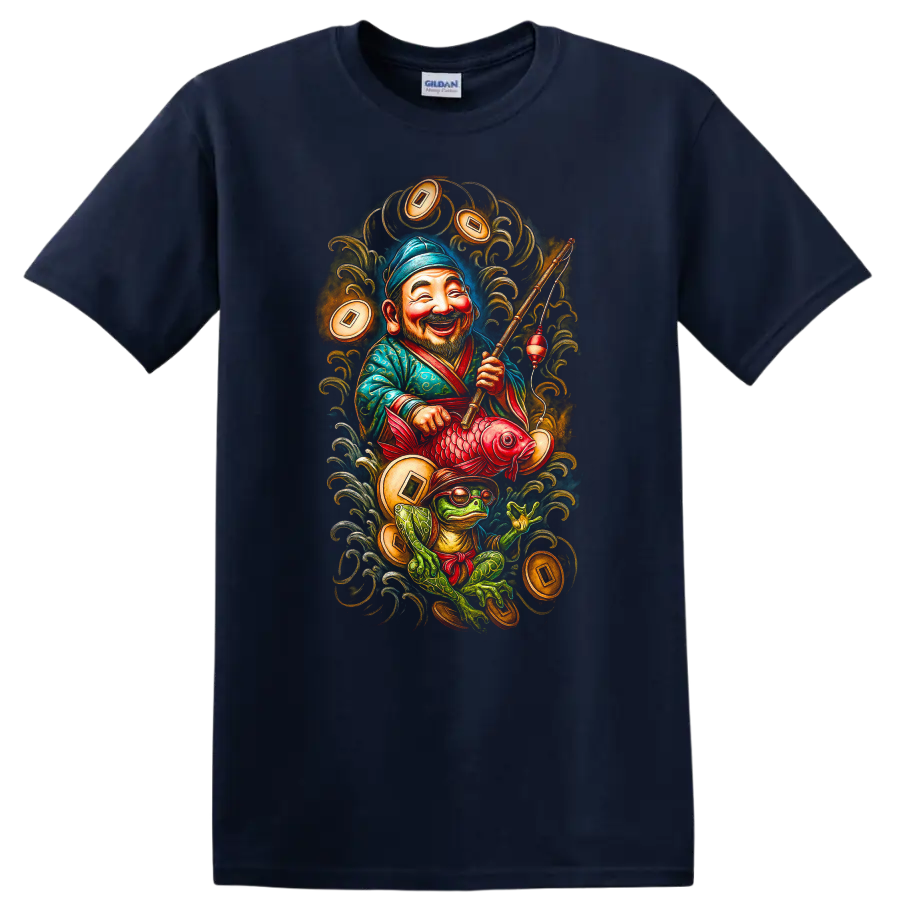 Japanese Style Fisherman and Frog T Shirt with Lucky Koi Art - Navy (Blue)