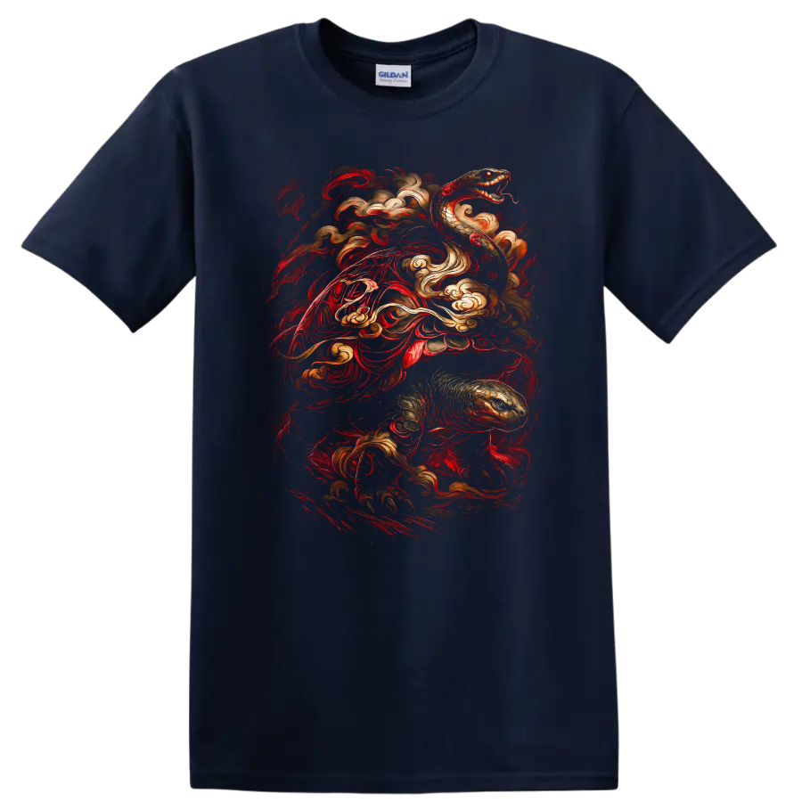 Japanese Style Dragon Snake Swirl Art T Shirt for Bold Streetwear - Navy (Blue)
