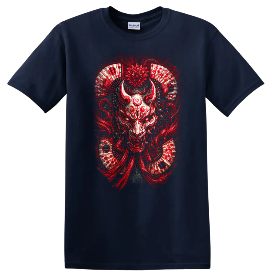 Japanese Oni Mask Red Samurai Demon Art T Shirt on a Navy (Blue) T Shirt