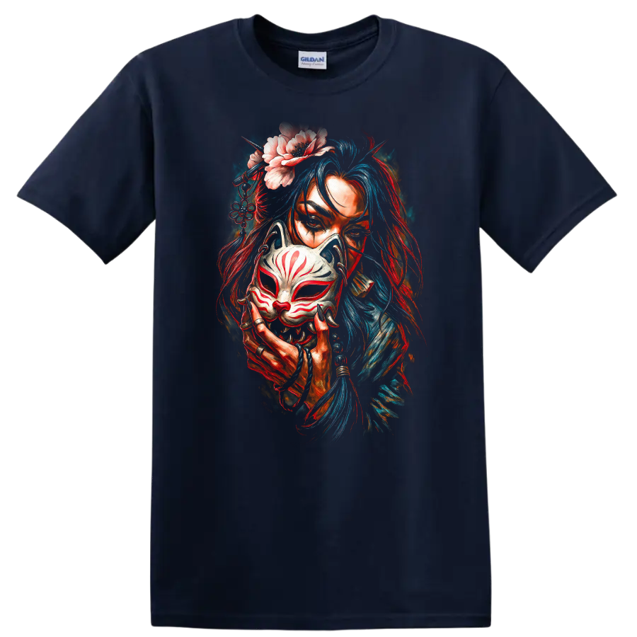 Japanese Style Woman Fox Mask Floral Art T Shirt Colorful Mystic Design - Navy (Blue)