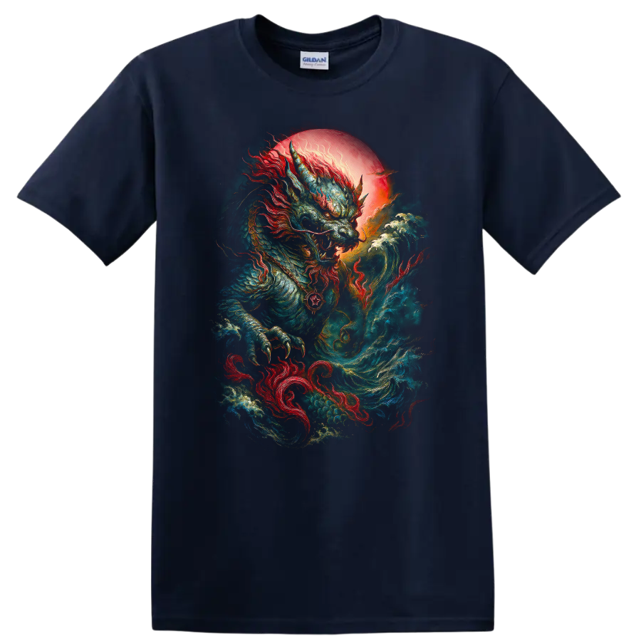 Japanese Dragon Wave Art T Shirt Bold Mythic Samurai Style - Navy (Blue)