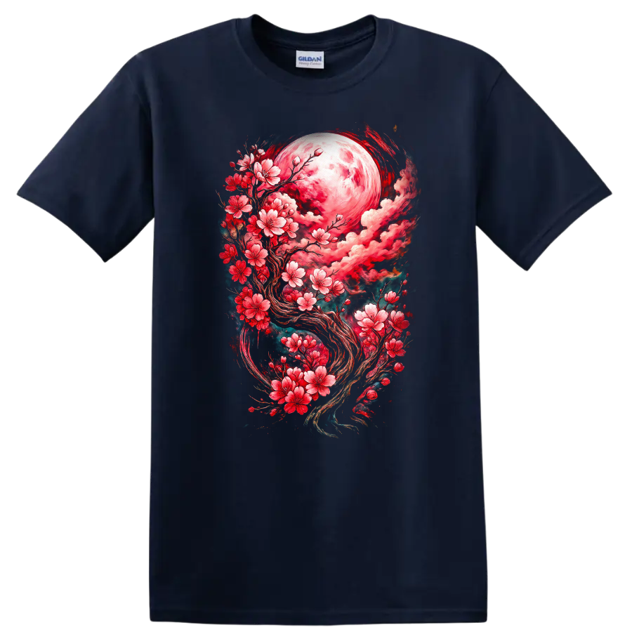Japanese Style Cherry Blossom Moon T Shirt Floral Fantasy - Navy (Blue)