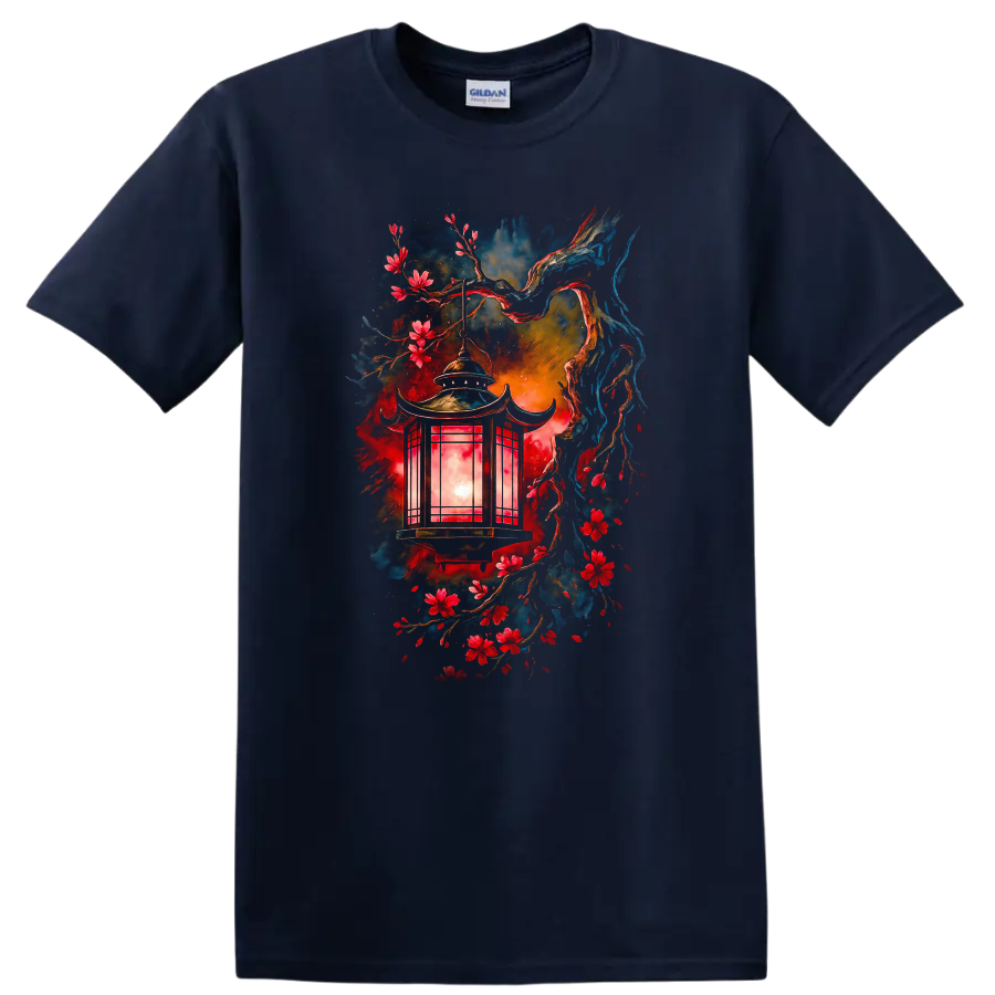 Japanese Style Lantern and Cherry Blossoms Watercolor T Shirt - Navy (Blue)