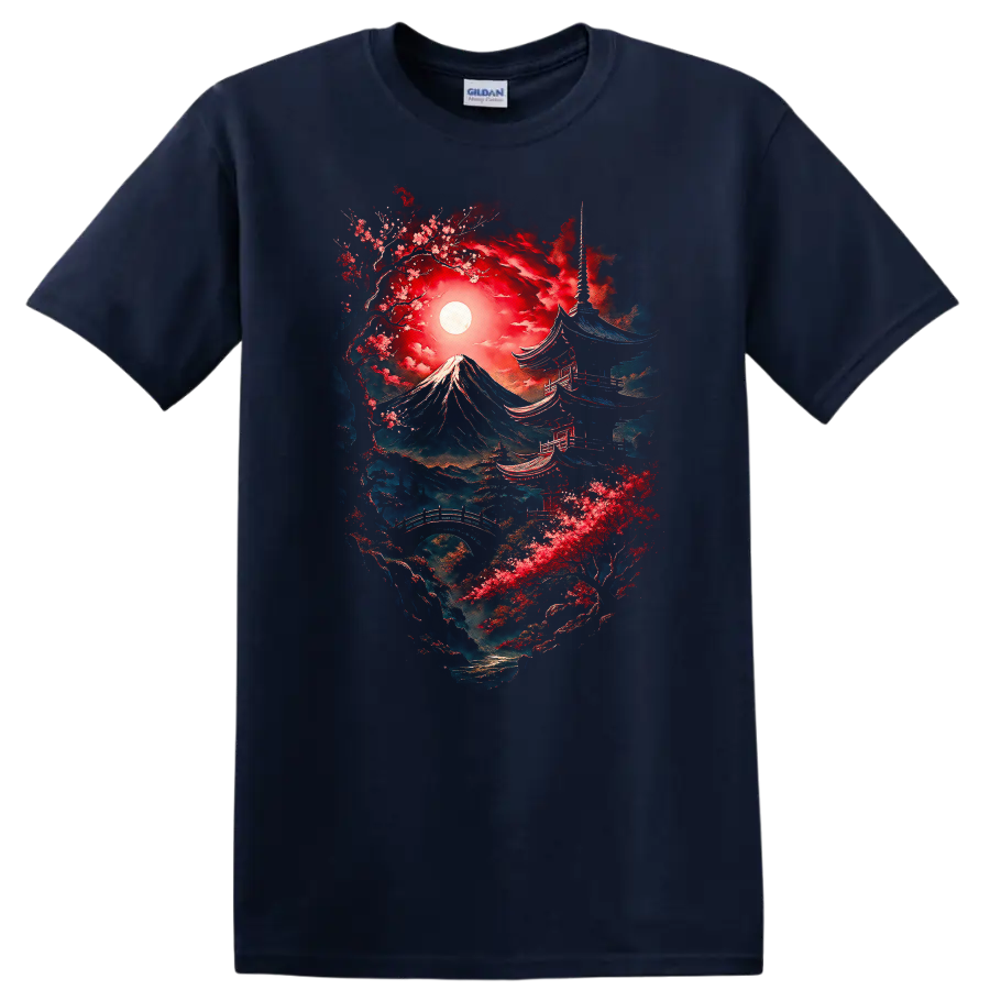 Japanese Style Mount Fuji and Pagoda Art T Shirt for Nature Lovers - Navy (Blue)