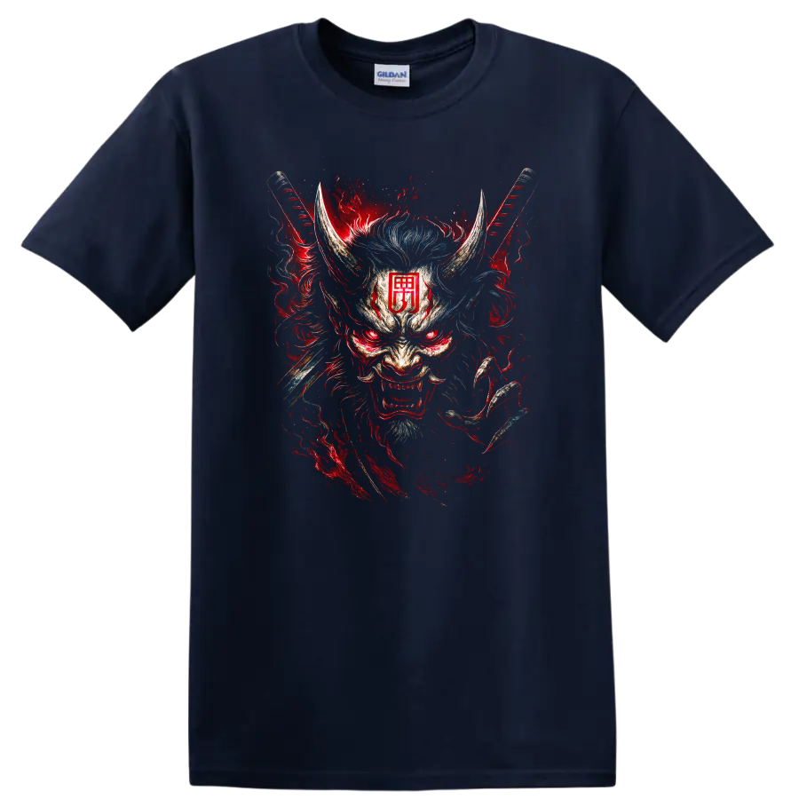 Japanese Oni Mask Samurai Dragon Art T Shirt for Men and Women - Navy (Blue)