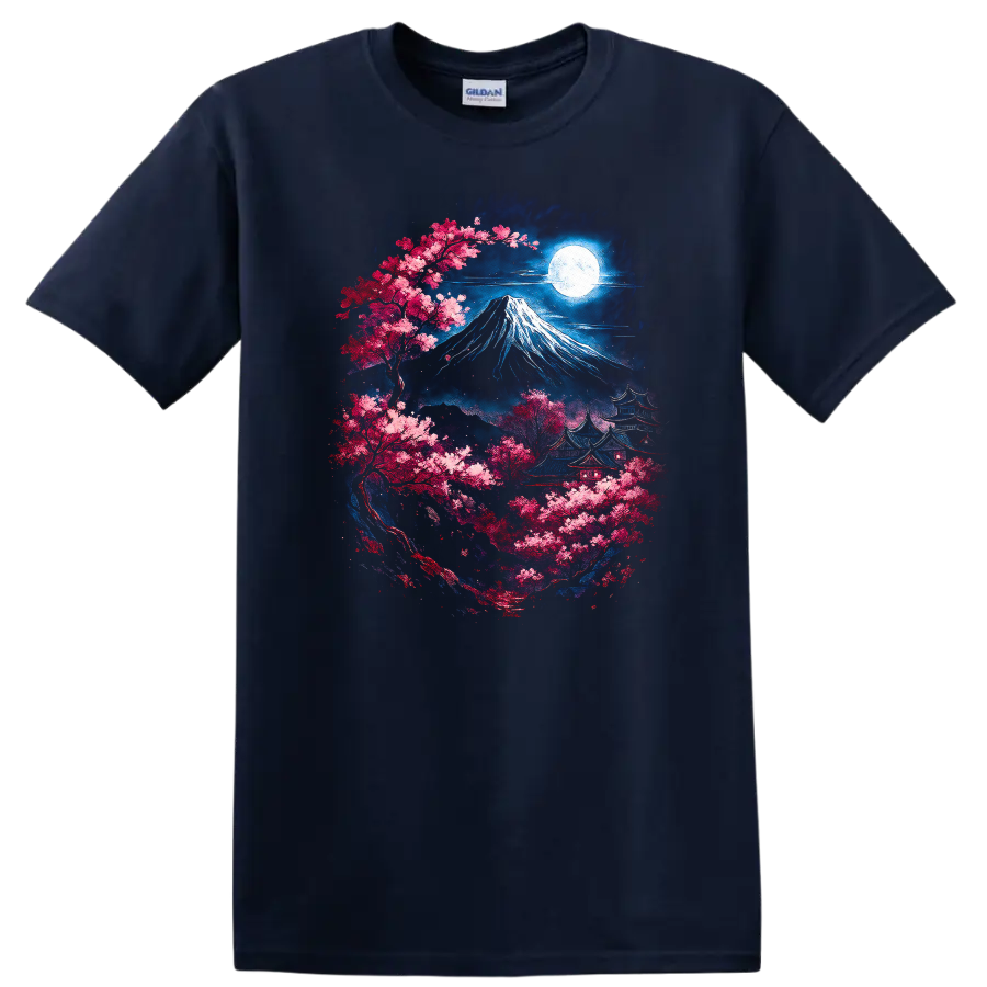 Japanese Style Mount Fuji Sakura Moon Night T Shirt - Navy (Blue)
