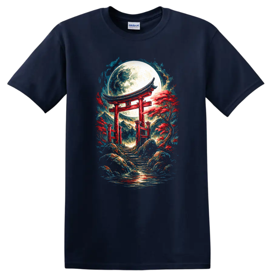 Japanese Torii Moon T Shirt Red Temple Garden Art Tee - Navy (Blue)