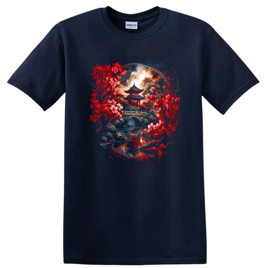 Japanese Pagoda Cherry Blossom Landscape T Shirt for Zen Art Lovers - Navy (Blue)
