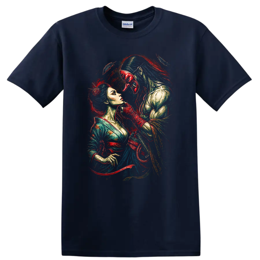 Japanese Style Samurai Woman and Shogun Mask Art T Shirt - Navy (Blue)