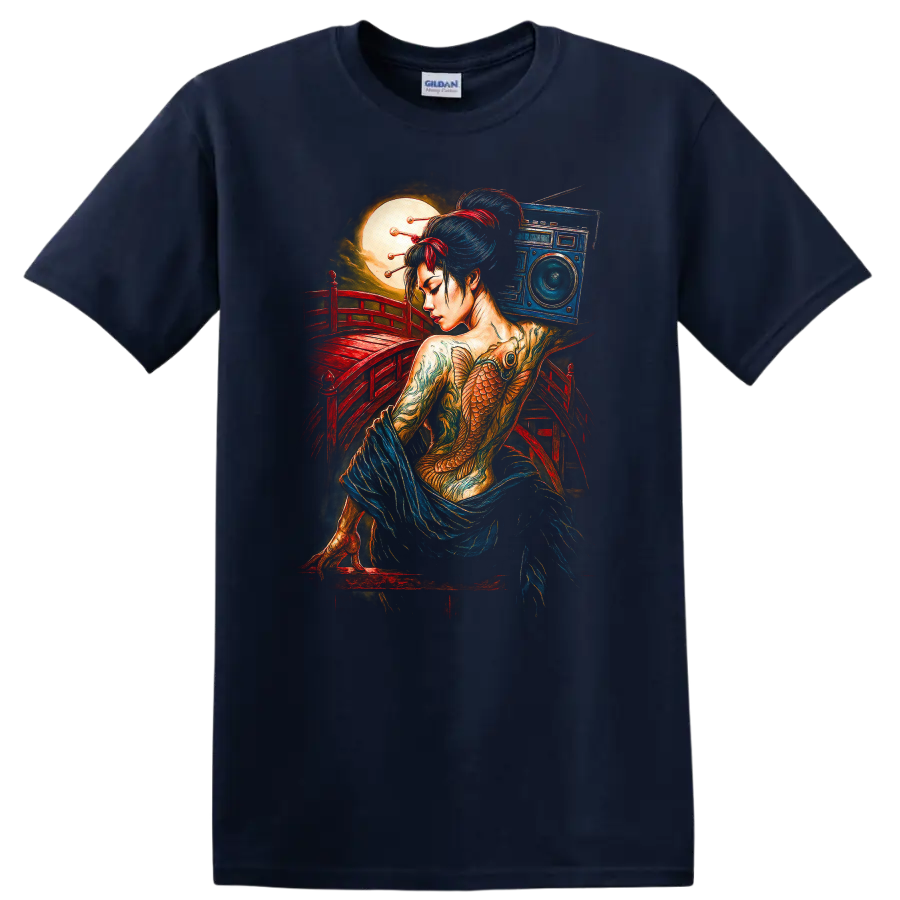 Japanese Geisha Fish Tattoo Art T Shirt with Red Bridge and Moon - Navy (Blue)