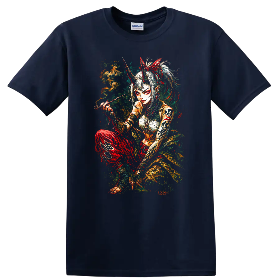 Japanese Oni Demon Girl Samurai Art T Shirt for Anime Style Fans - Navy (Blue)