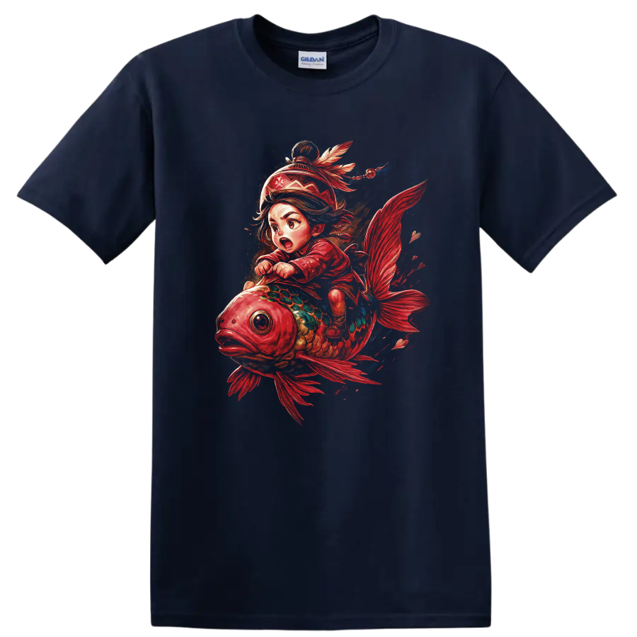 Japanese Style Koi Fish Rider Fantasy Art T Shirt - Navy (Blue)