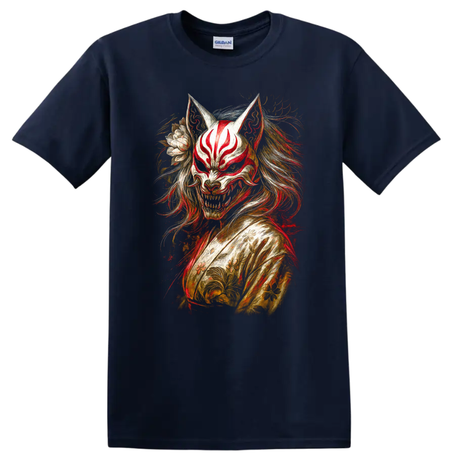 Japanese Fox Mask Oni Style T Shirt with Floral Samurai Art - Navy (Blue)