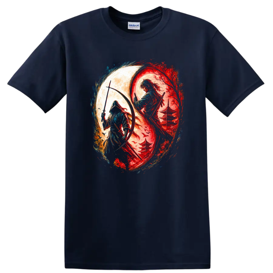 Japanese Samurai Yin Yang Warrior Art T Shirt for Zen Street Style - Navy (Blue)