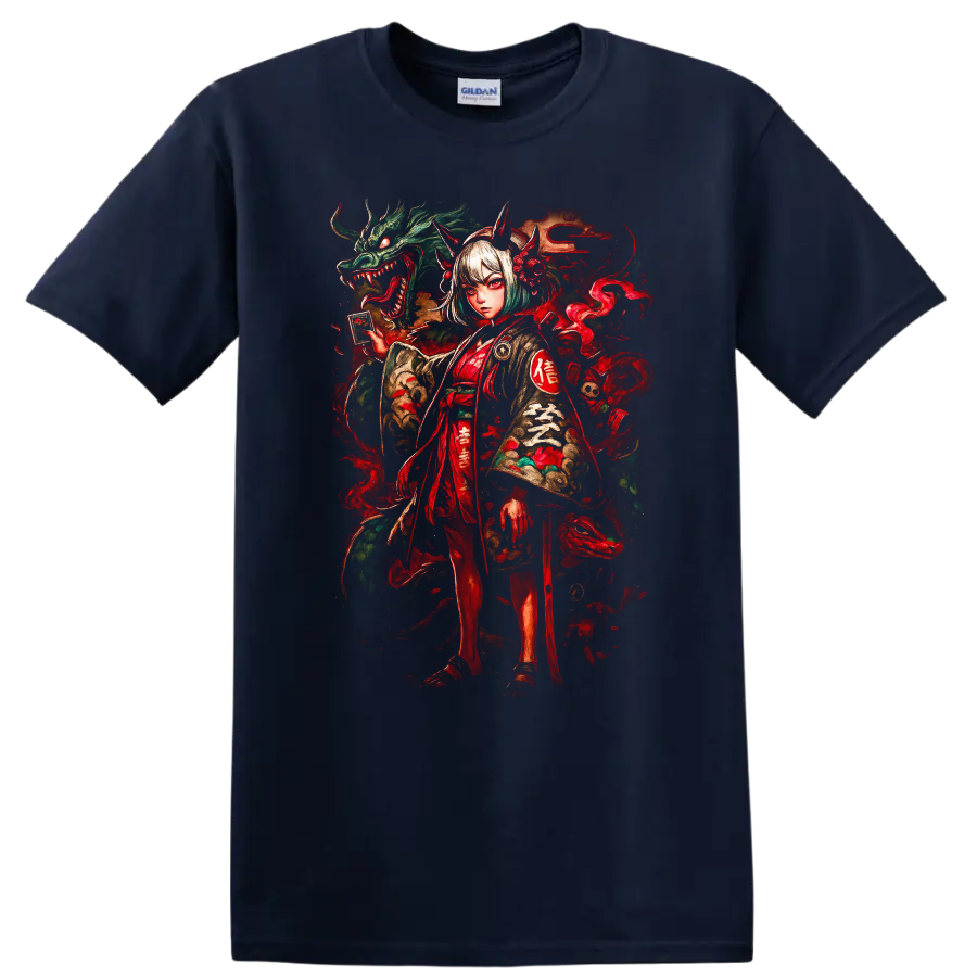 Japanese Style Demon Girl and Dragon Art T Shirt - Navy (Blue)