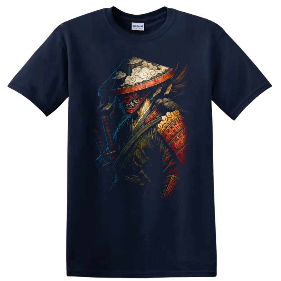 Japanese Style Warrior Mask T Shirt Colorful Fantasy Art - Navy (Blue)