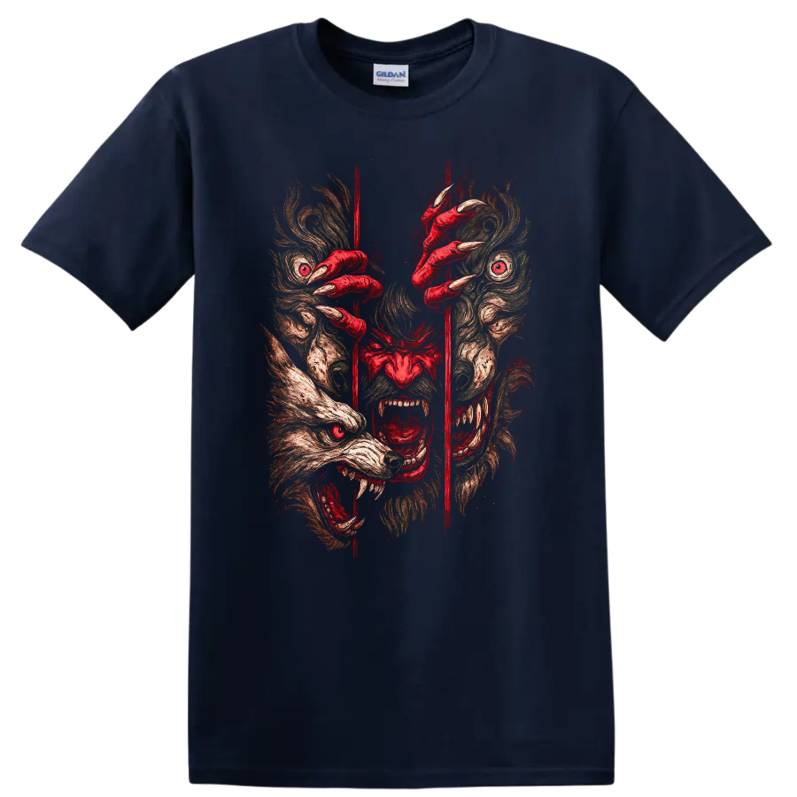 Japanese Oni Mask Graphic T Shirt with Red Claws and Fierce Demon Art - Navy (Blue)