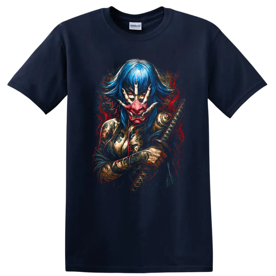 Japanese Style Oni Mask Blue Hair Samurai T Shirt Dark Fantasy Art - Navy (Blue)