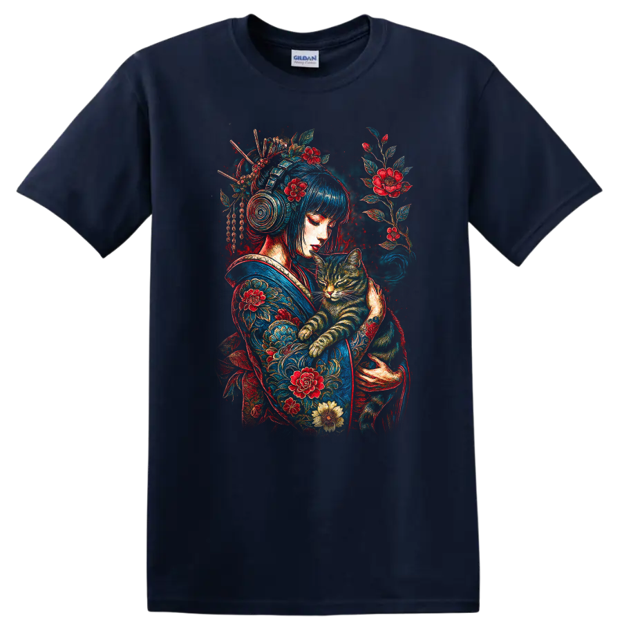 Japanese Style Woman With Cat Floral Art T Shirt - Navy (Blue)