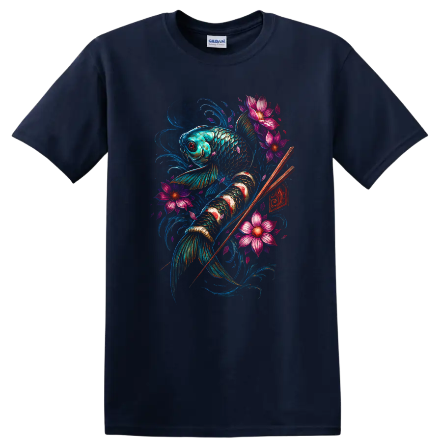 Japanese Koi Fish Floral Art T Shirt, Vibrant Watercolor Design - Navy (Blue)