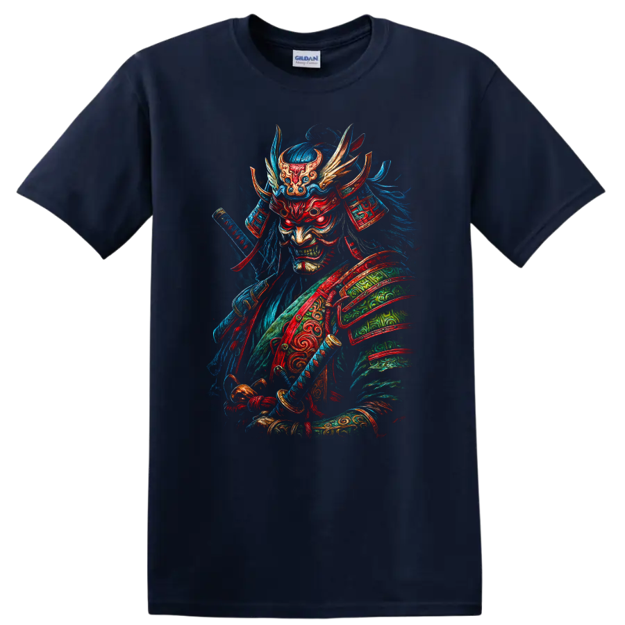 Japanese Samurai Demon Mask T Shirt Fierce Neon Warrior Art - Navy (Blue)