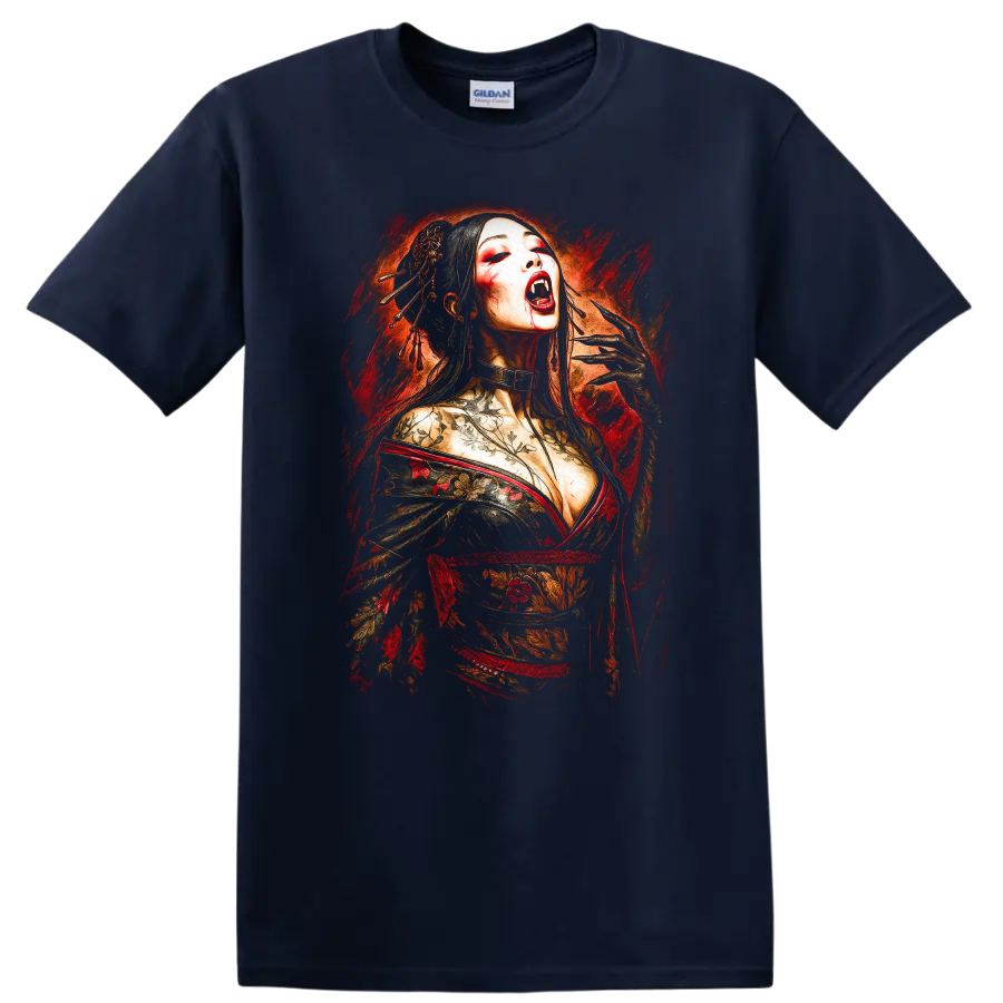 Japanese Geisha Vampire Art T Shirt Floral Horror Style - Navy (Blue)