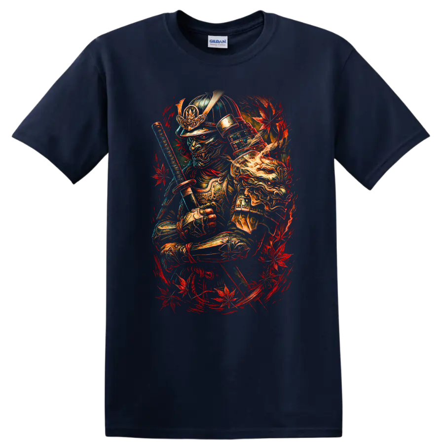 Japanese Samurai Warrior Mask T Shirt with Red Maple Leaves - Navy (Blue)
