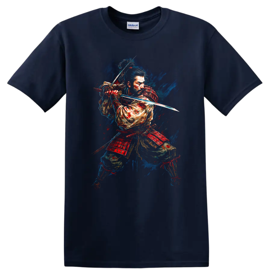 Japanese Samurai Sword Warrior T Shirt Bold Katana Art Graphic Tee - Navy (Blue)