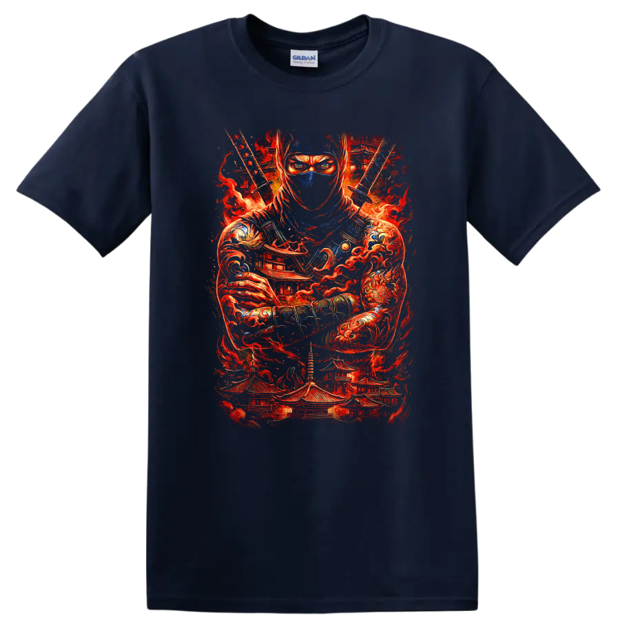 Japanese Ninja Samurai Warrior Fire Art T Shirt for Martial Arts Fans - Navy (Blue)