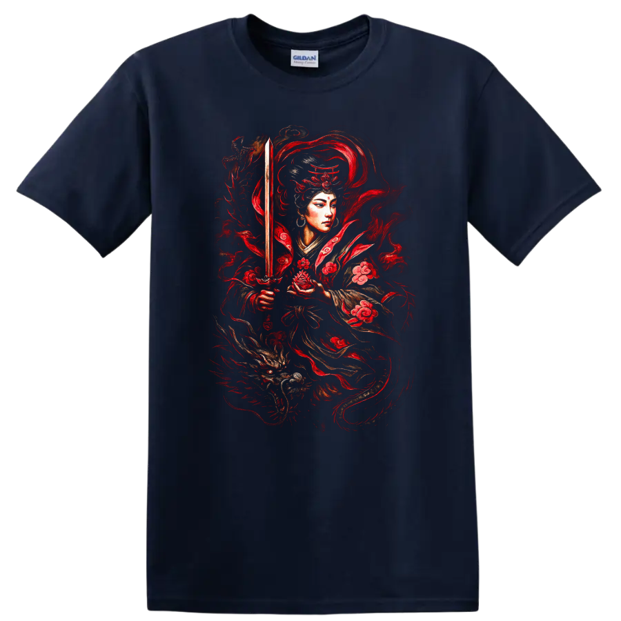 Japanese Warrior Katana Red Floral Samurai T Shirt - Navy (Blue)