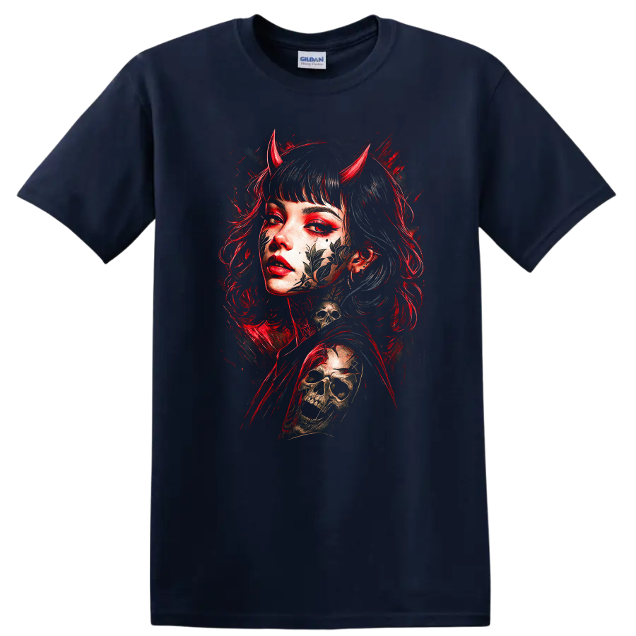 Japanese Style Demon Girl Skull Graphic T Shirt Red and Black - Navy (Blue)