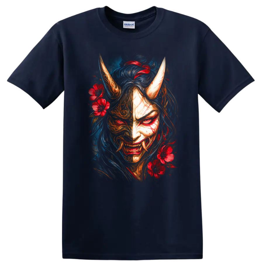 Japanese Oni Demon Mask Floral T Shirt for Fans of Dark Samurai Art - Navy (Blue)