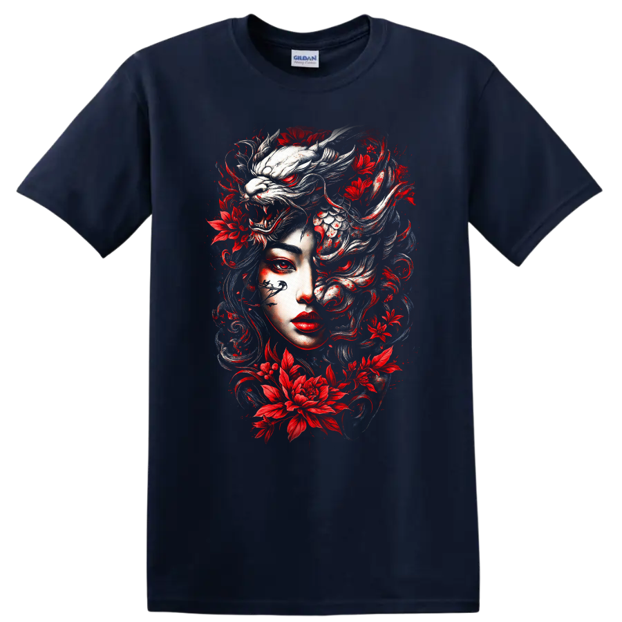 Japanese Style Oni Mask Floral Dragon T Shirt Red White Artwork - Navy (Blue)