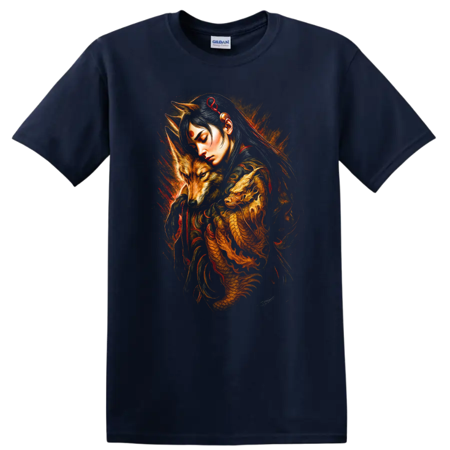 Japanese Style Fox Spirit Dragon T Shirt Mystical Warrior Art - Navy (Blue)