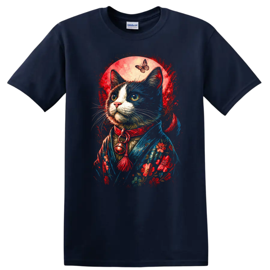 Japanese Style Cat and Butterfly Floral Art T Shirt for Cat Lovers - Navy (Blue)