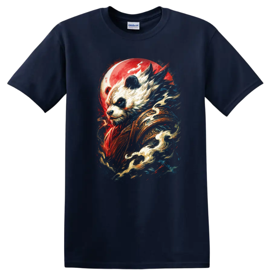Japanese Style Panda Warrior Art T Shirt Bold Red Blue Mystic Design - Navy (Blue)