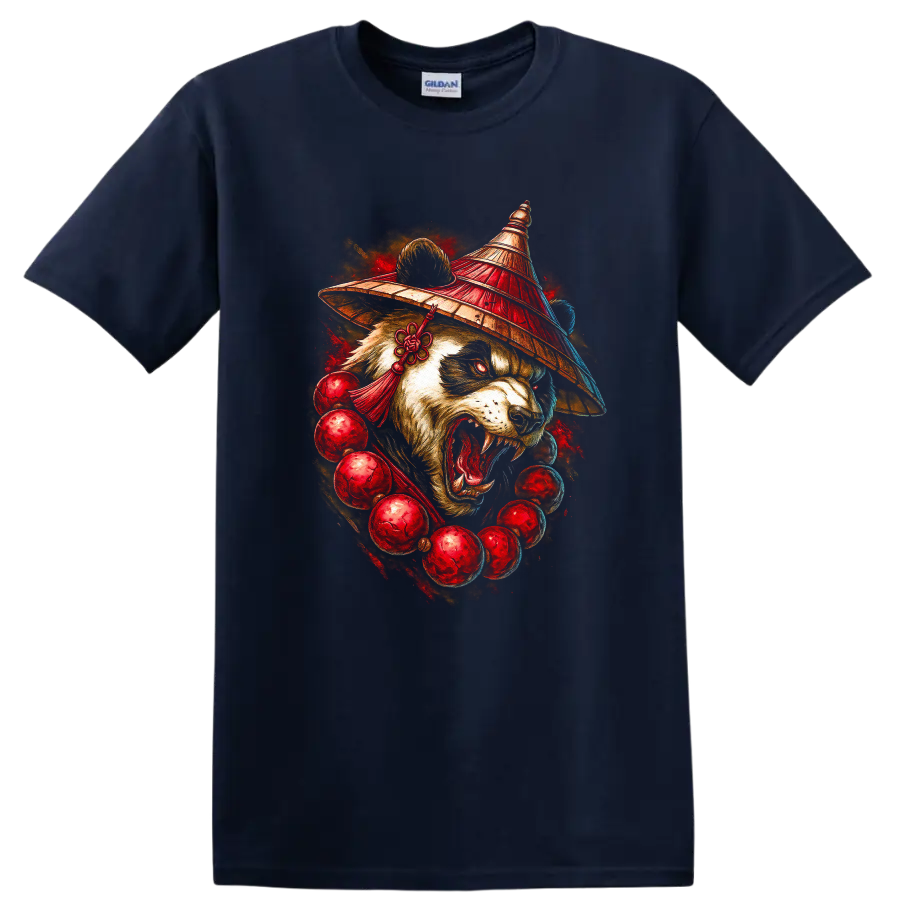 Japanese Panda Warrior Mask T Shirt with Fierce Red Art Graphic - Navy (Blue)