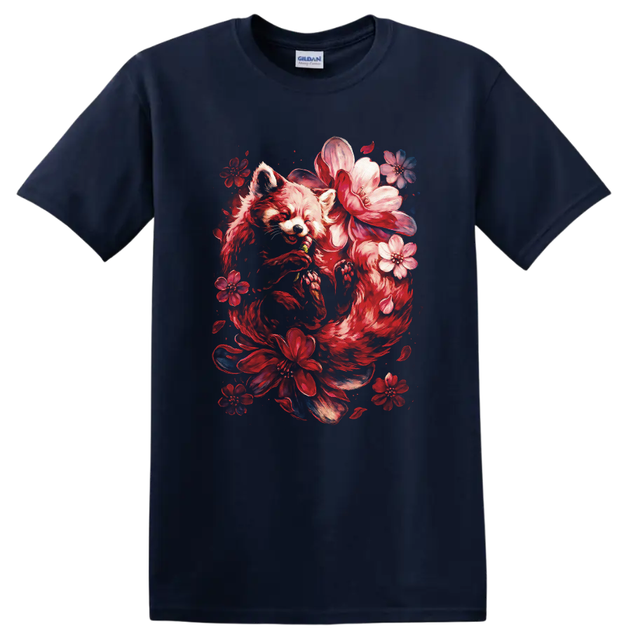 Japanese Style Red Fox Floral Art T Shirt for Nature Lovers - Navy (Blue)