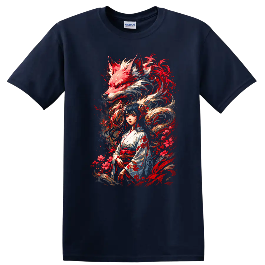 Japanese Style Kitsune Girl and Fox Spirit Anime T Shirt - Navy (Blue)