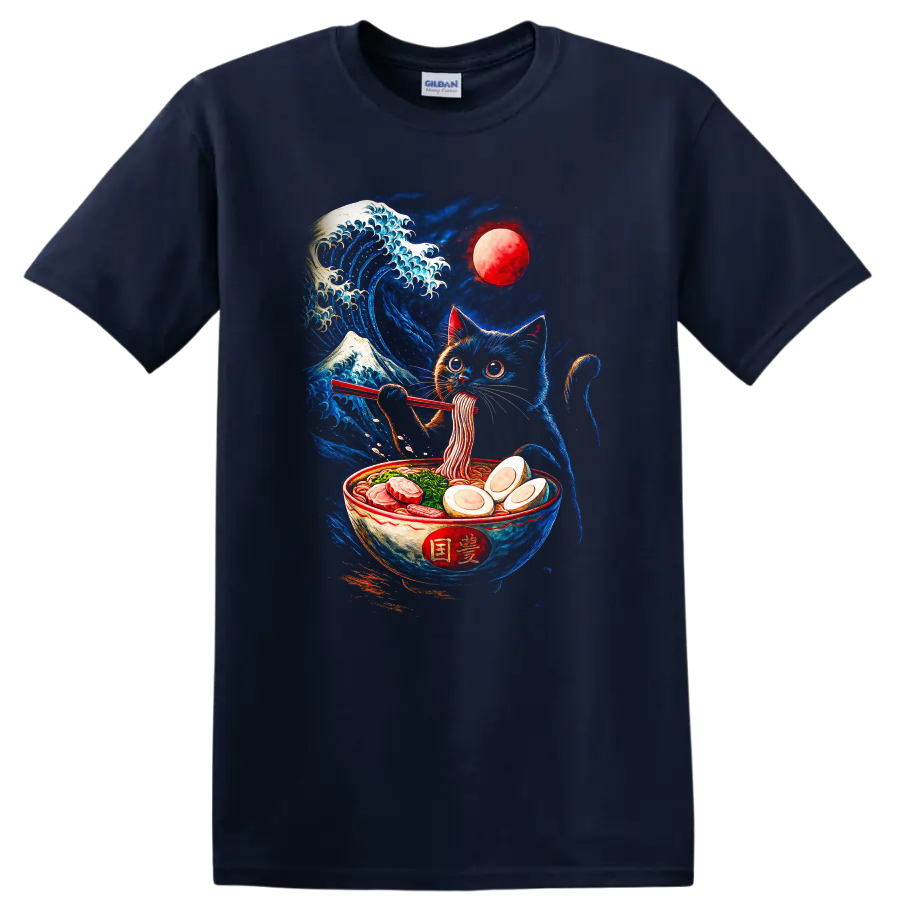 Japanese Cat Ramen Wave Moon T Shirt for Sushi and Anime Fans - Navy (Blue)