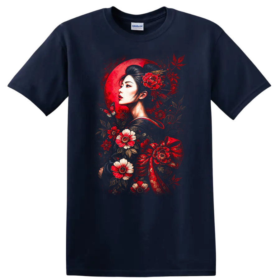 Japanese Style Geisha Floral Moon Art T Shirt for Women - Navy (Blue)