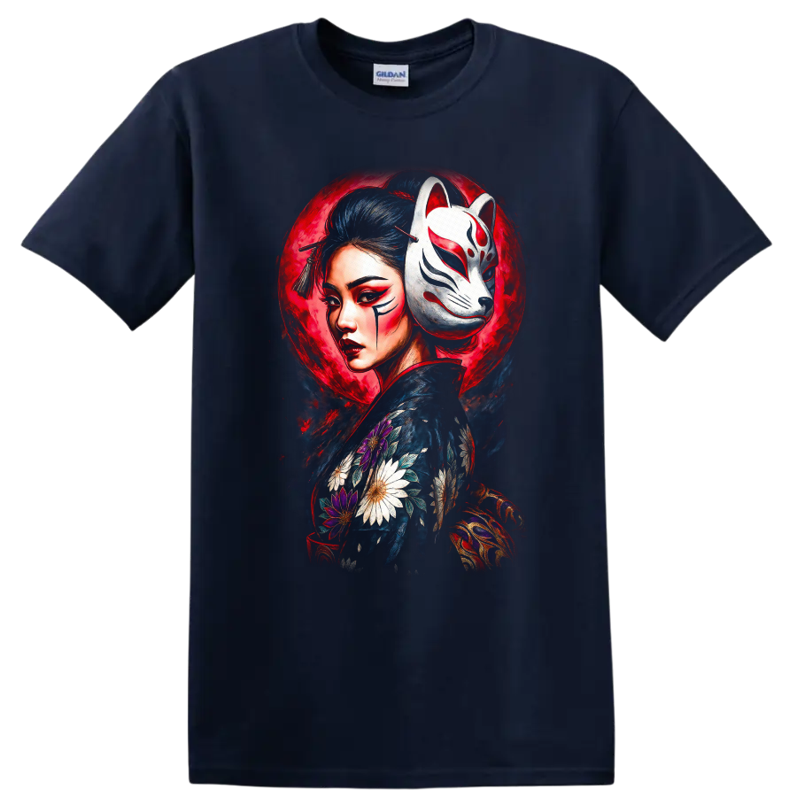 Japanese Style Geisha Fox Mask Floral Art T Shirt - Navy (Blue)
