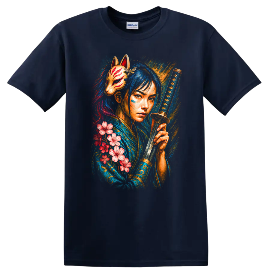 Japanese Style Samurai Girl with Fox Mask and Katana T Shirt - Navy (Blue)