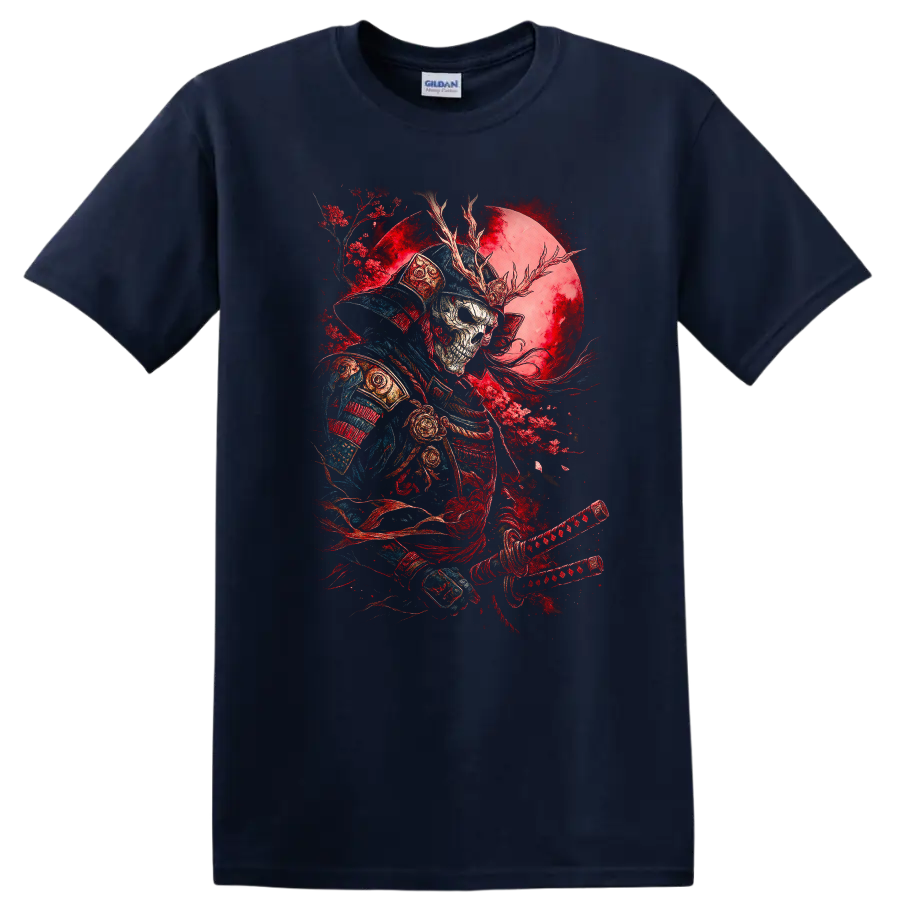 Japanese Samurai Warrior Skull Moon T Shirt Red Blue Art - Navy (Blue)