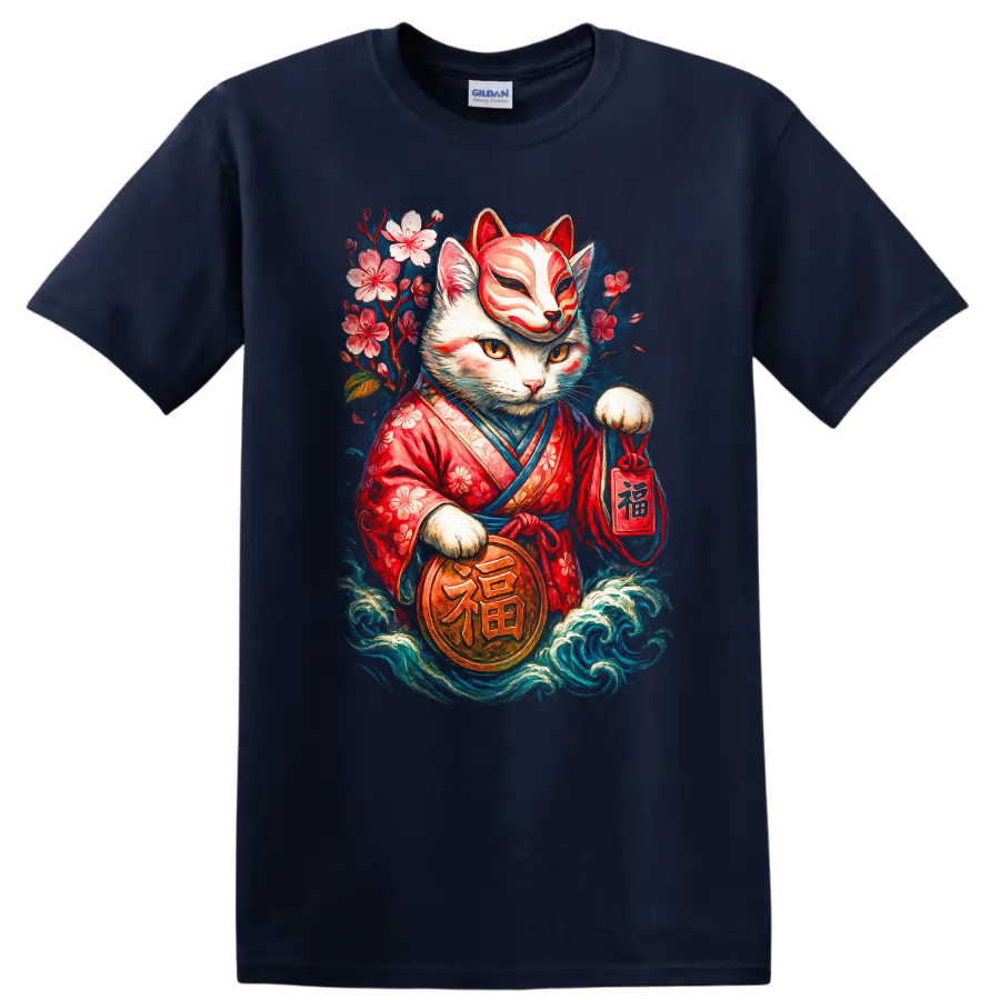 Japanese Maneki Neko Cat T Shirt with Floral Kimono Lucky Charm Art - Navy (Blue)