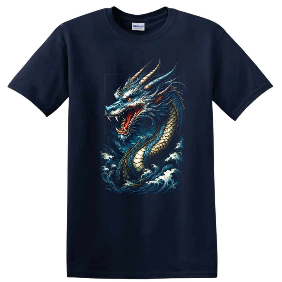 Japanese Style Blue Dragon T Shirt Fierce Mythical Wave Art - Navy (Blue)