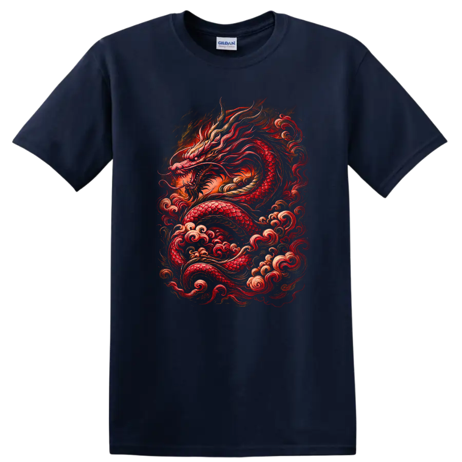 Japanese Red Dragon Fire Art T Shirt for Bold Streetwear Style - Navy (Blue)