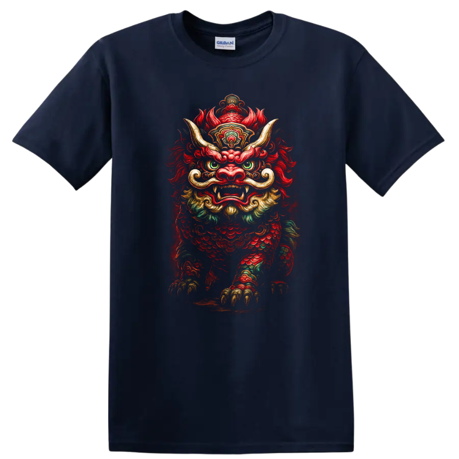 Japanese Foo Lion Dragon Mask T Shirt Colorful Mythic Creature Art - Navy (Blue)