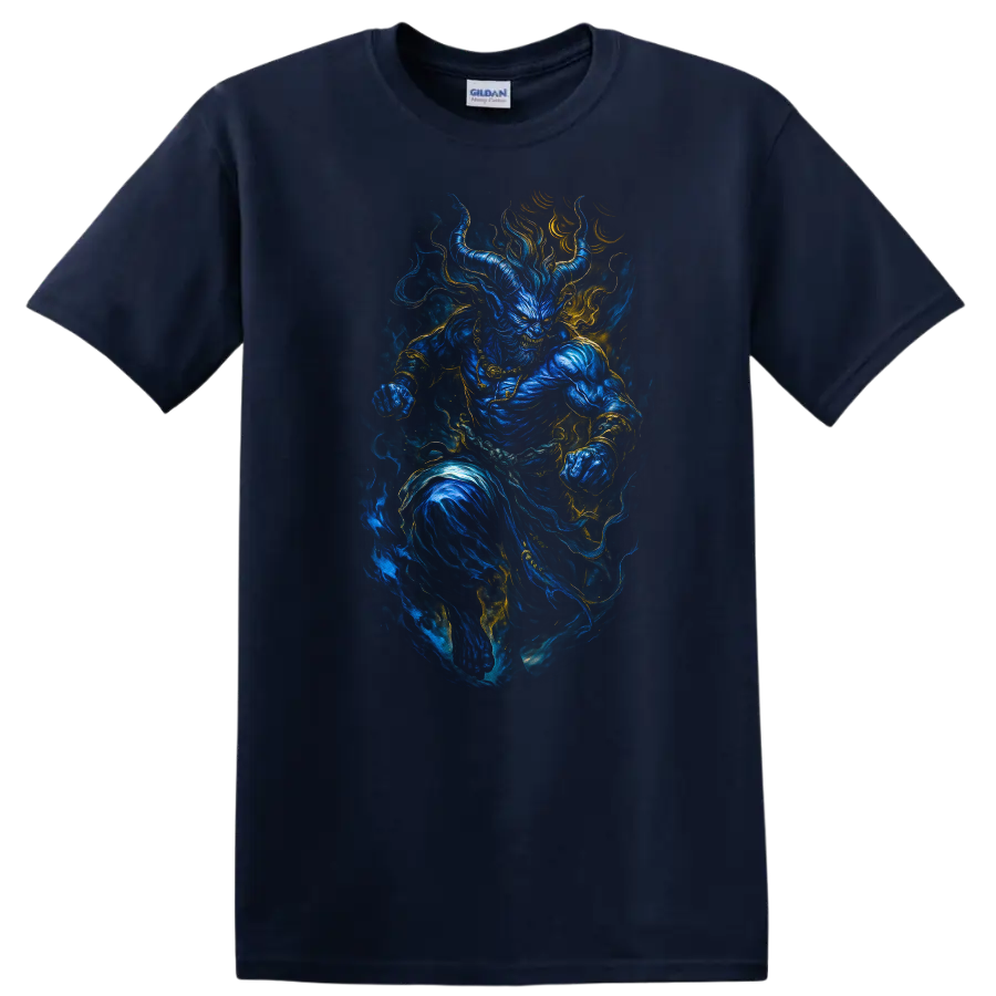 Japanese Style Blue Oni Demon Warrior T Shirt Mystical Flame Art - Navy (Blue)